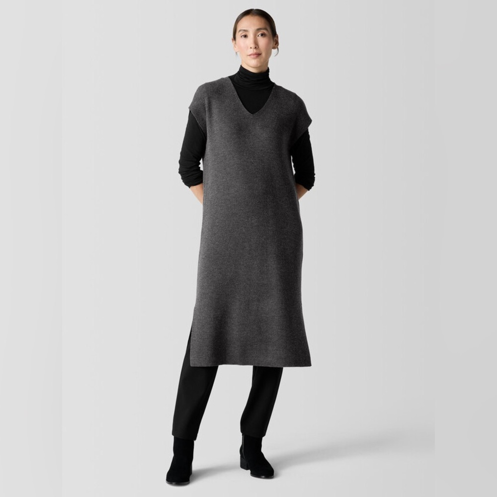 NWT Eileen Fisher Merino Rib V-neck Dress Size XL Charcoal MSRP $298